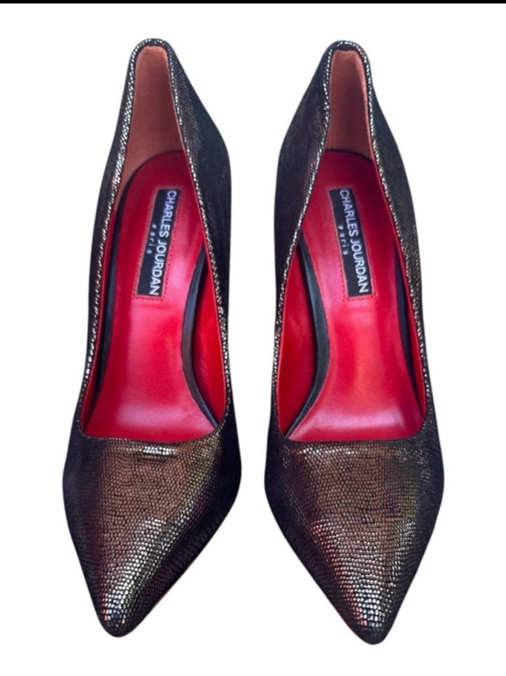 Charles Jourdan Paris Metallic Bronze Reptile Pumps Heels